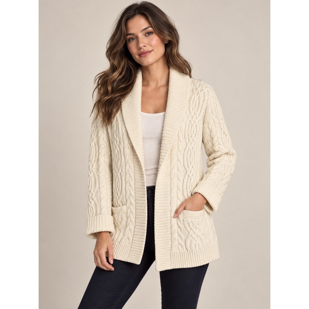 Talbots Cable Knit Shawl Cardigan Sweater Pure Merino Wool Cream Ivory Large